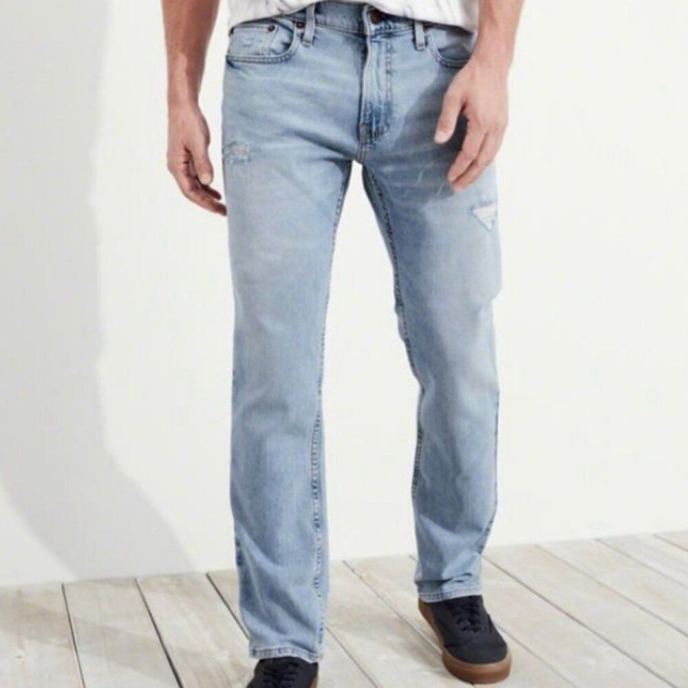 HOLLISTER Distressed Jeans Slim Straight Epic Flex Light Wash Denim Mens 30 x 32